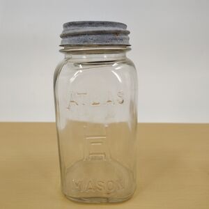 ATLAS String Mason Quart Clear Glass Canning Jar Square Jar Vintage Boyds Cap
